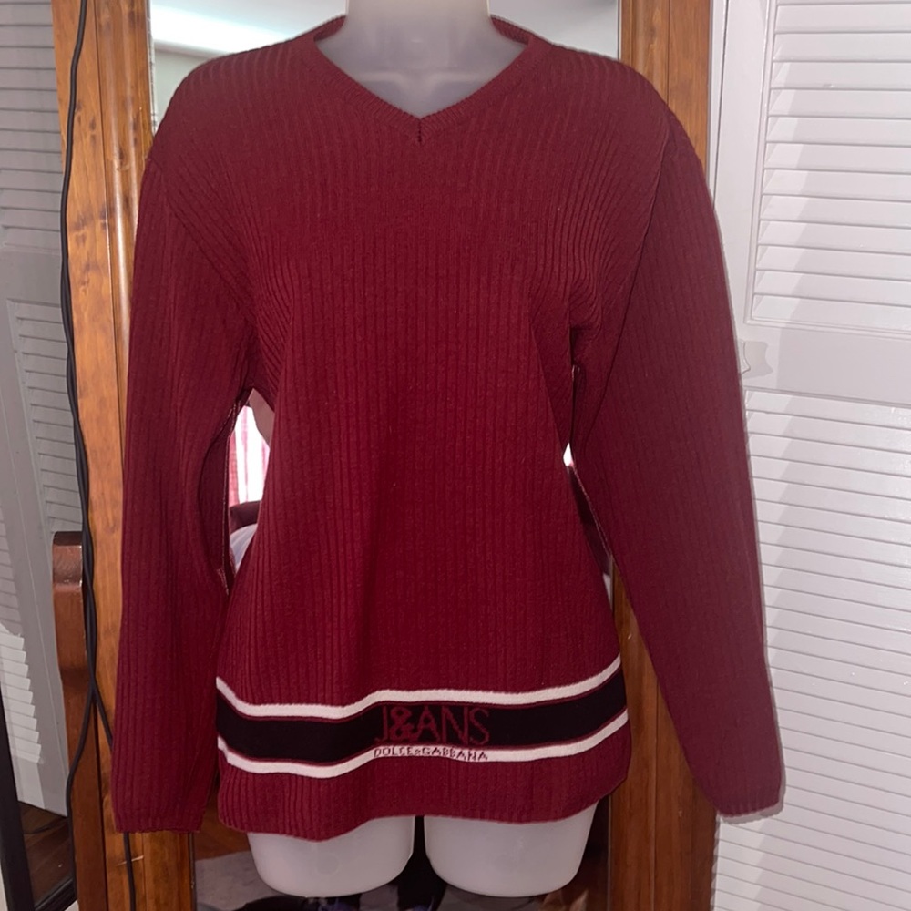 Dolce and Gabbana Dark Red Ribbed V Neck Long Sweater